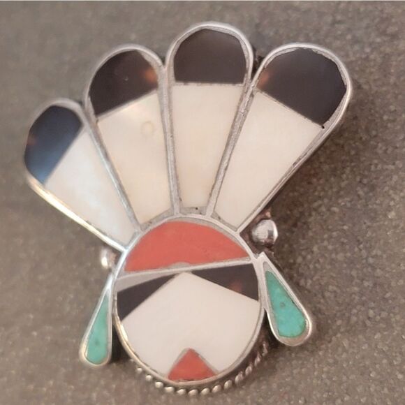 Vintage Sterling Zuni Sun Face Inlay Brooch Pin - Picture 5 of 9